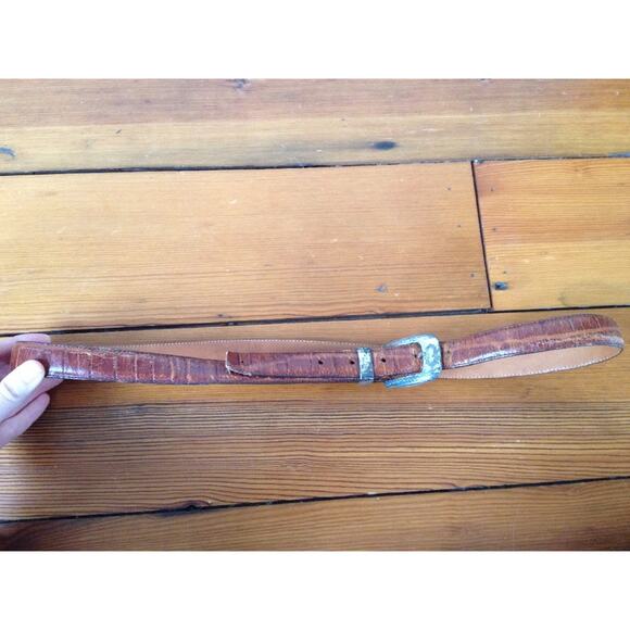Vtg Lands End Western Distressed Metal Buckle Brown Leather Belt USA Made 38